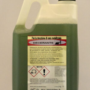Foto del DECERANTE di DEG Detergenti, detergente liquido a pH neutro per la rimozione sicura di cere metallizzate da pavimenti delicati come marmo, ceramica e PVC, disponibile in formati da 1, 5 e 10 kg"