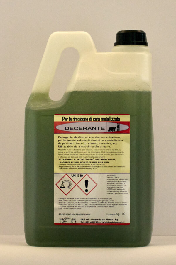 Foto del DECERANTE di DEG Detergenti, detergente liquido a pH neutro per la rimozione sicura di cere metallizzate da pavimenti delicati come marmo, ceramica e PVC, disponibile in formati da 1, 5 e 10 kg"