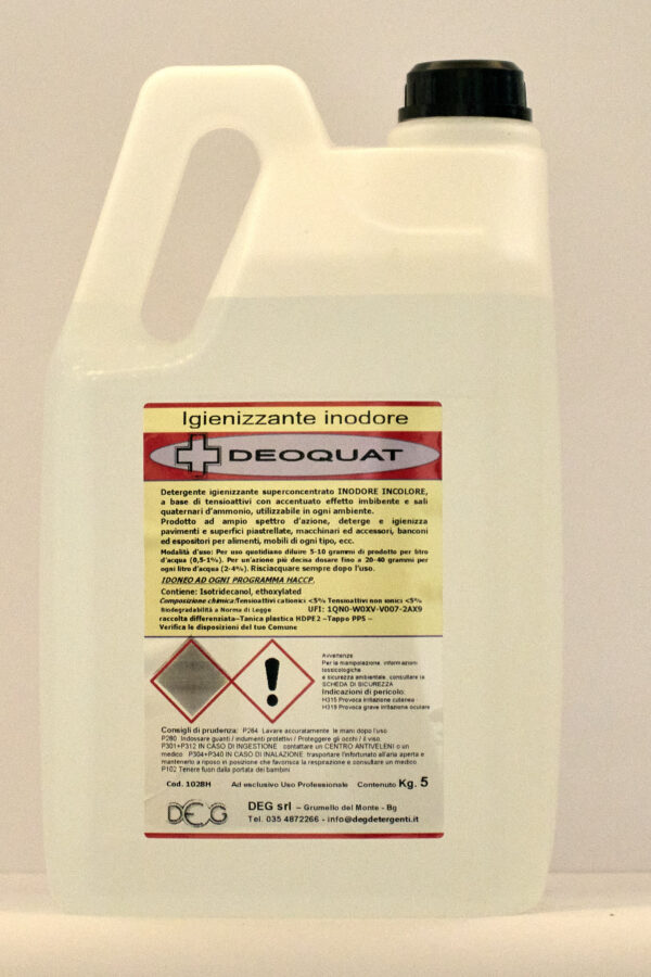 DEOQUAT DEG detergente igienizzante deodorante, flaconi da 1 kg, 5 kg e 10 kg per superfici e ambienti professionali