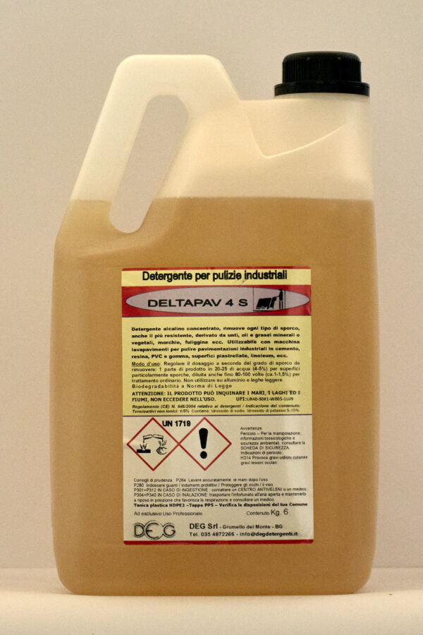 DELTAPAV 4S DEG detergente sgrassante per pavimenti industriali, flaconi da 6 a 30 kg con profumo all’eucalipto