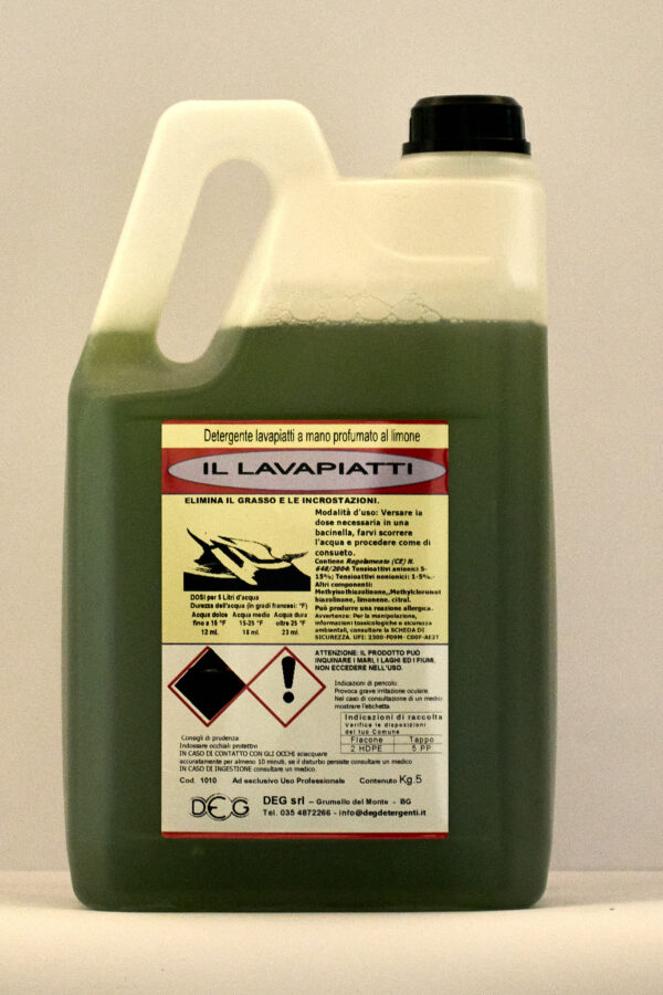 Detergente concentrato IL LAVAPIATTI DEG per lavaggio manuale quotidiano di stoviglie, disponibile in flaconi da 5 a 25 kg