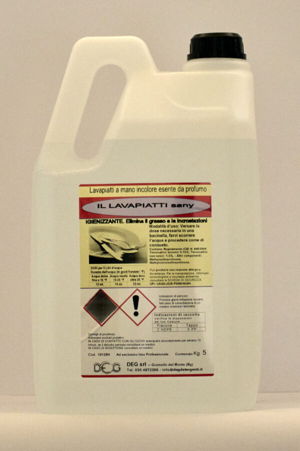 Foto del LAVAPIATTI SANY di DEG Detergenti, detergente liquido a pH neutro per il lavaggio manuale di piatti, bicchieri e utensili, con azione igienizzante e profumazione fresca, disponibile in formati da 5, 10 e 25 kg