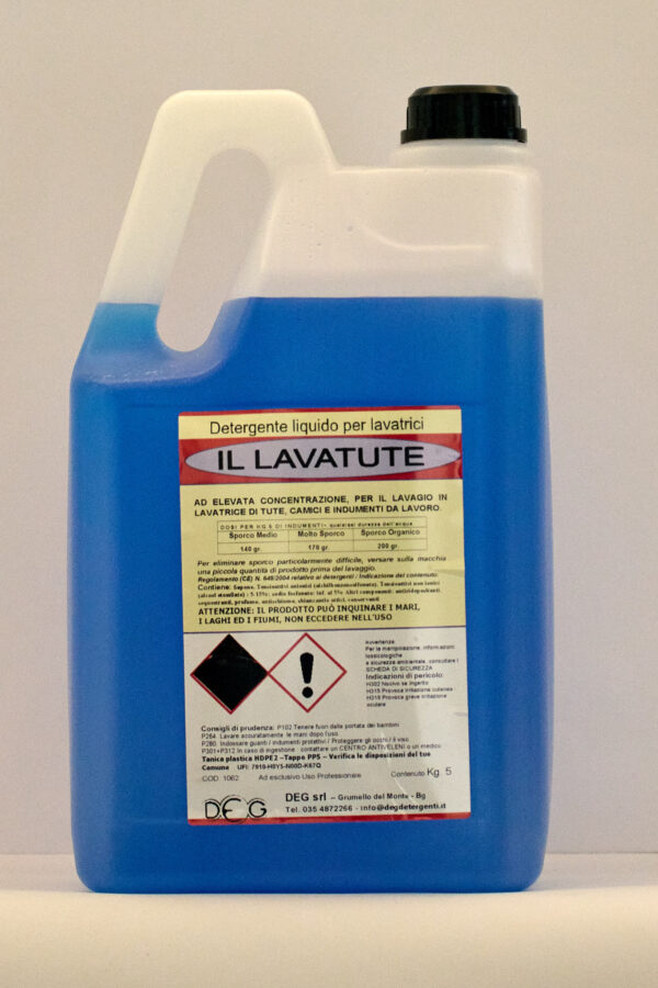 Detergente liquido Il LAVATUTE DEG per tute da lavoro, flacone da 5 kg per rimozione olio e grasso in lavaggi industriali