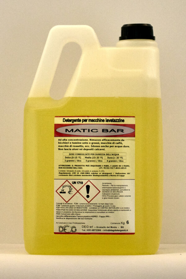 Detergente alcalino MATIC BAR DEG per lavatazzine professionali, ideale in acque molto dure, flacone da 6 kg