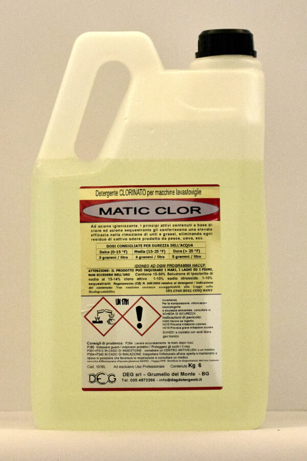 MATIC CLOR DEG detergente al cloro attivo per lavastoviglie, flaconi da 6 a 30 kg per igiene professionale