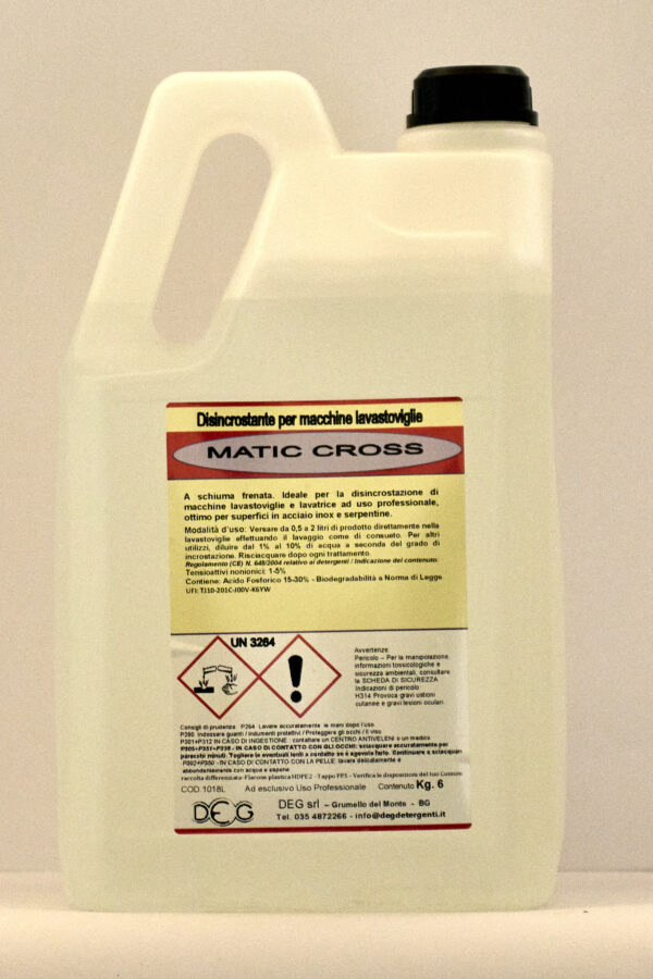 MATIC CROSS DEG disincrostante acido per lavastoviglie, flaconi da 1,2 a 30 kg per rimozione calcare e incrostazioni