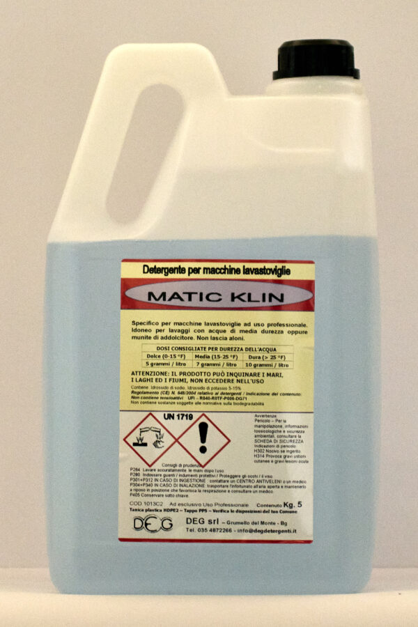MATIC KLIN DEG detergente per lavastoviglie in acque dolci, flaconi da 5 a 25 kg per igiene professionale