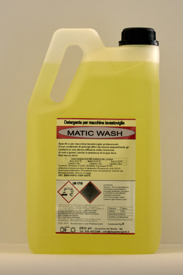 MATIC WASH DEG detergente alcalino per lavastoviglie, flaconi da 6kg per acque dolci e medie