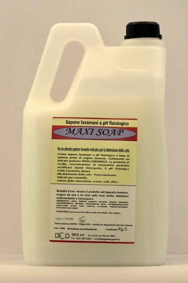 MAXI SOAP DEG sapone lavamani delicato, flacone da 5 kg per uso quotidiano in ambienti professionali