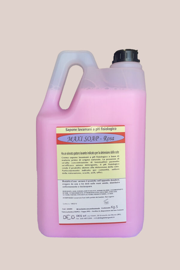Sapone lavamani rosa Maxi Soap DEG, flacone da 5 kg a pH fisiologico per uso frequente in ambienti professionali
