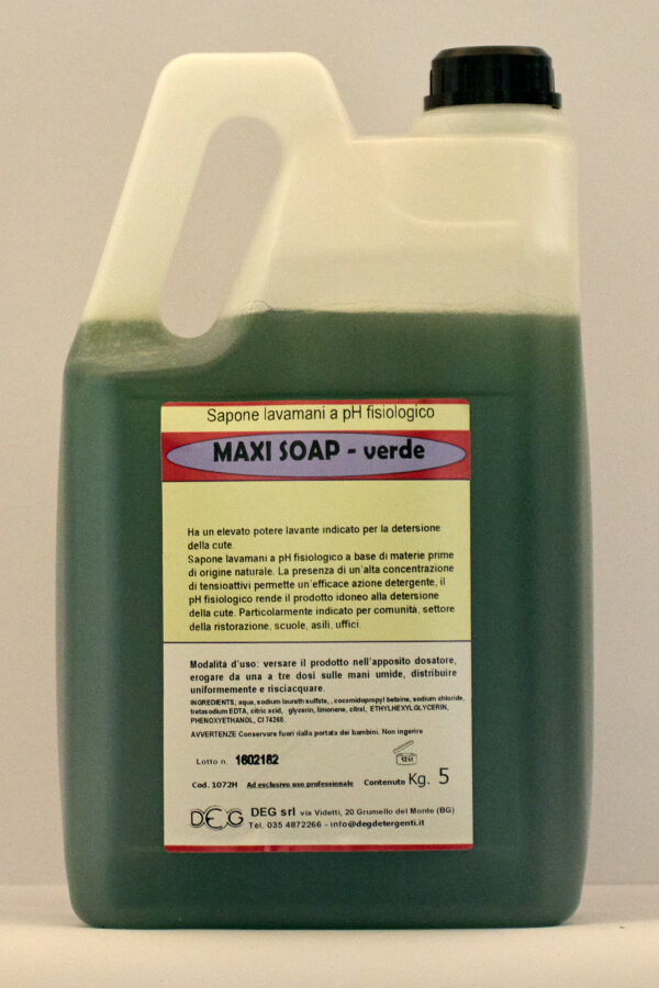 MAXI SOAP VERDE DEG sapone lavamani delicato, flacone da 5 kg con formula naturale e pH fisiologico