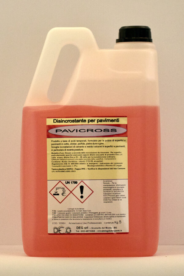 PAVICROSS DEG disincrostante per pavimenti in cotto, flaconi da 1 a 10 kg con azione decalcificante sicura