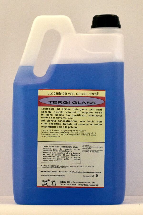 Detergente vetri Tergi Glass DEG, flacone da 750 ml per pulizia professionale senza aloni di specchi e superfici lucide